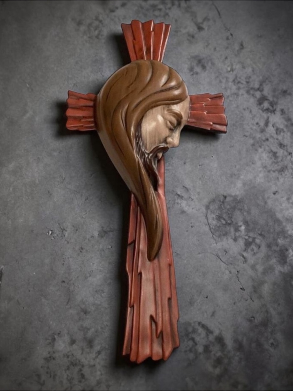 Vintage Hand Painted Wall Crucifix Cross Ceramic Bearing Face of Jesus 1975